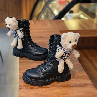 女童靴子女孩皮靴2023冬季潮，小熊中大童棉靴马丁靴儿童高筒靴