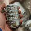 老潮州松鹤六角功夫茶杯 浮雕高温釉下彩小品茗茶具工夫绿色陶瓷