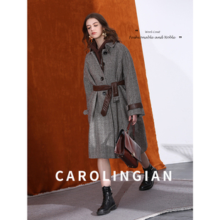 Carolingian设计师高端女装 意大利制版羊毛大衣配羊皮中长款外套