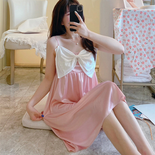 夏季冰丝睡裙女学生吊带甜美公主，风少女粉色蝴蝶结可爱清新家居服