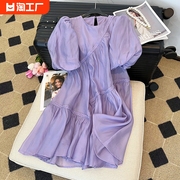 紫色泡泡袖连衣裙女夏季2023法式甜美洋气减龄显瘦高级感裙子