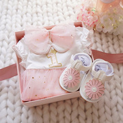 婴儿公主裙礼盒新生儿套装纯棉衣服满月礼物宝宝百日宴夏季薄款粉