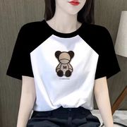 韩版拼色纯棉短袖t恤女2024夏装撞色插肩设计感上衣显瘦百搭