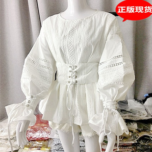 地球店白色衬衫女宫廷风灯笼，绣蕾丝长袖设计感收腰显瘦上衣