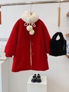 品牌童装2023冬季女童韩版可爱真兔毛领羽绒内胆年服毛呢外套