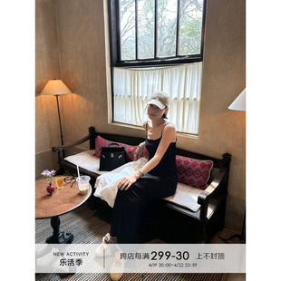 yangle_吊带连衣裙女2024夏季裙子高弹收腰包臀气质黑色长裙