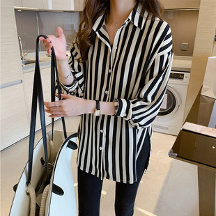 韩版2023春秋黑白条纹衬衫，女复古港味上衣轻熟设计感雪纺衬衣