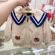 韩国童装 23春秋女宝儿童洋气蓝色花边娃娃领外套 拉链风衣