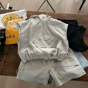 韩版童装痞帅男小童夏装洋气，儿童套装时尚连帽背心男童短裤两件套