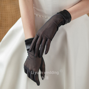 新娘婚纱礼服手套弹力缎简黑色弹拍照手套