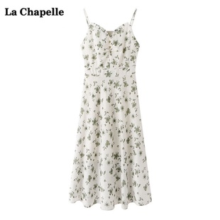 拉夏贝尔lachapelle吊带碎花，连衣裙女夏季绿色，小清新雪纺吊带裙