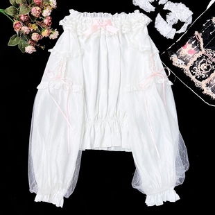 原创lolita内搭春季长袖，雪纺网纱系带衬衫，圆领甜美蝴蝶结洛丽塔