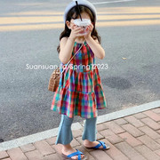 儿童沙滩裙夏季韩国童装，女童彩色格子，吊带裙宝宝背心裙子洋气