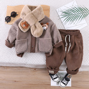 婴幼儿保暖衣服套装，秋冬装2023宝宝加绒卫衣裤子两件套带围巾