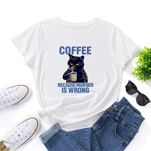 欧美女装Women T-shirt纯棉浅蓝咖啡字母猫宽松薄款短袖圆领t恤女