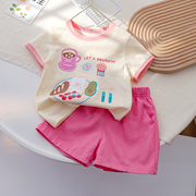 女童夏季套装甜美可爱印花撞色短袖t恤宝宝，纯色休闲短裤两件套潮