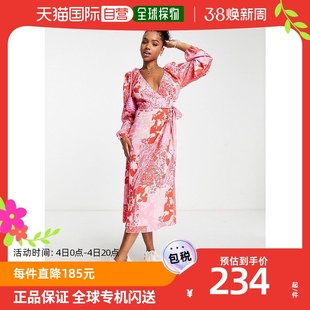 香港直邮潮奢 ASOS 女士设计裹式束带淡紫色红色拼布印花中长连衣