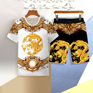 3D印花短袖短裤套装中国风两件套青年中年男士休闲运动五分裤T恤