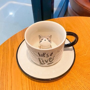 创意卡通动物3D猫咪陶瓷杯手绘咖啡杯茶杯马克杯耐高温套装成人杯
