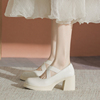 白色粗跟高跟鞋女2024春季高级感玛丽珍鞋仙女风小皮鞋