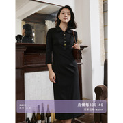 芝美日禾 法式polo领连衣裙异型扣七分袖修身收腰长款黑色设计感