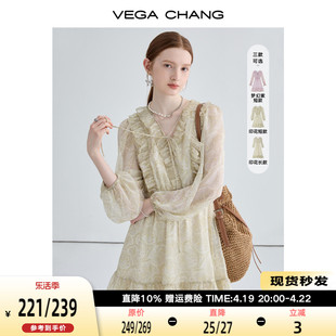 VEGA CHANG法式复古连衣裙女夏季设计感小众小个子度假风印花裙子