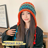 韩版时尚设计师款手工针织，帽子彩色毛线帽女秋冬系带，流苏套头冷帽