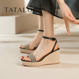 tatalory女鞋2024法式一字带坡跟厚底高跟鞋，女夏季草编凉鞋