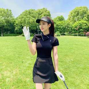 高尔夫服装女韩版短袖上衣修身弹力速干运动百褶短裙子golf套装