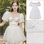 法式白色连衣裙女23夏季小个子方领蝴蝶结，气质礼服裙l4040