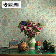 泰式大象墙纸东南亚风格绿色金色，壁纸非自粘美式复古卧室热带雨林