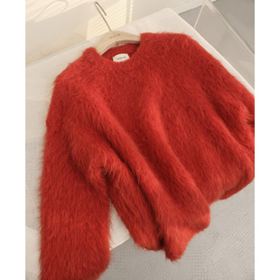 23秋冬新年红色羊驼毛衣慵懒毛衣套头纯色简约长毛羊驼绒针织