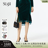 sussi古色23夏季商场，同款墨绿色双层摆丝绒鱼尾裙半身裙礼服女