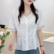 宽松休闲短袖白衬衫女2024年夏季韩版小清新衬衣，显瘦大码上衣