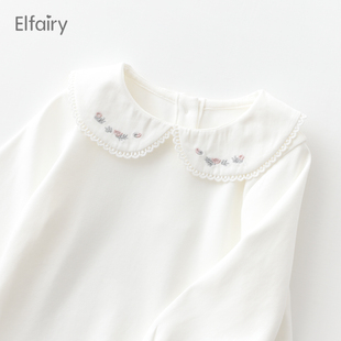 elfairy婴儿打底衫女童长袖，白t恤春秋宝宝，纯棉内搭儿童娃娃领上衣