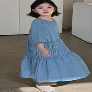 韩国童装潮牌LP蓝色有调性圆领短袖连衣裙2024夏季女大童洋气裙新