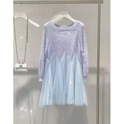 圆领长袖网纱拼结毛织紫色洋装2022早秋季时尚洋派小短裙子!