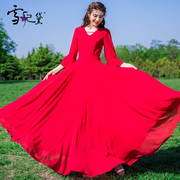 红色雪纺连衣裙2024夏v领收腰长款气质，大摆夏天显瘦长裙女