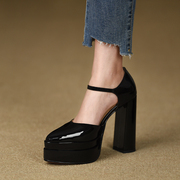 misili尖头粗跟凉鞋夏季12.2cm高跟鞋一字带中空厚底黑色女鞋