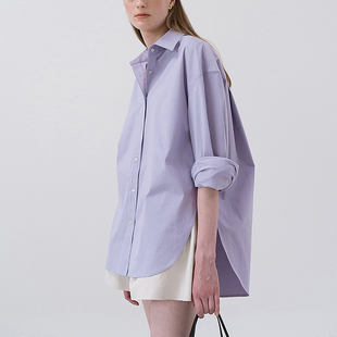 纯棉大码白色衬衫女宽松外套，紫色男友风廓形oversize衬衣夏季
