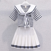 匹克企鹅女童学院风套装夏季韩版儿童大童海军领条纹短袖上衣百褶