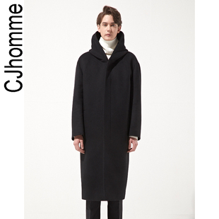 cjhomme冬季男士保暖连帽中长款单排扣毛呢大衣，时尚简约流行外套