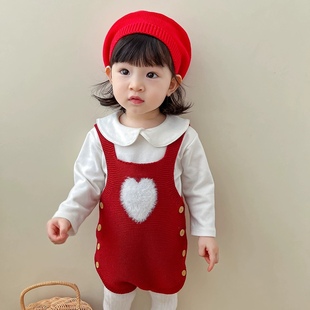 23韩版婴儿衣服春秋冬装女宝宝针织毛衣背带裤爱心包屁衣哈衣套装