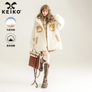 keiko夹棉仿羊驼毛绒棉服外套，冬季加厚保暖宽松白色，羊羔毛夹克(毛夹克)