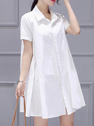 短袖白色衬衫女夏2024韩版中长款连衣裙，宽松遮肚子显瘦衬衣裙