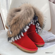 2024新款皮毛一体狐狸毛厚底雪地靴中筒靴防水防滑女靴承胜=