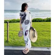 夏季白色印花连衣裙宽松显瘦海边度假沙滩裙超仙三亚泰国旅游拍照