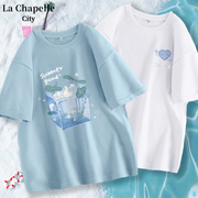 拉夏贝尔蓝色短袖t恤女夏季2024纯棉宽松半袖设计感小众体恤