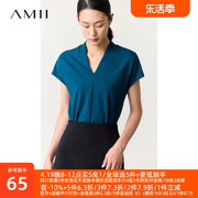 Amii2024夏季气质V领连肩短袖T恤女纯色显瘦弹力罗马布上衣