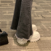 厚底马丁靴女冬加绒2022年粗跟白色高跟鞋，韩系法式小踝靴短靴